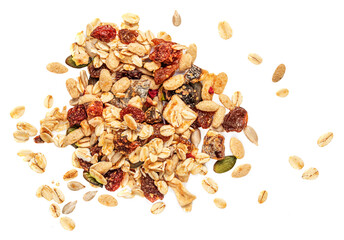 Oat flakes with Nuts, seeds and dried fruits isolated on white background. Granola Flat lay. Top...