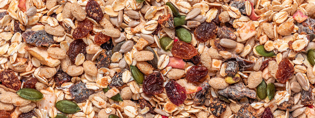 Oat flakes wallpaper with Nuts, seeds and dried fruits. Granola  Pattern.