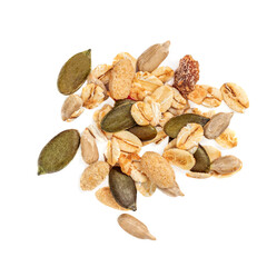 Muesli with Nuts, seeds and dried fruits isolated on white background. Flat lay. Top view.