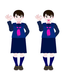 OKサインをするセーラー服の女学生