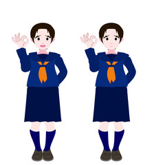 OKサインをするセーラー服の女学生