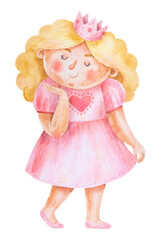 Little girl in pink fancy dress of princess. Cute watercolor illustration. Hand-drawn picture for decoration, print