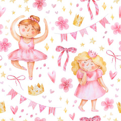 Seamless pattern with cute little girls in pink fancy dress of ballerina and princess. Bright hand-drawn texture for decoration, invitations, greeting cards