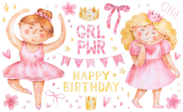 Cute little girls in pink fancy dress of ballerina and princess. Big watercolor set of illustrations. Girl dancing. Hand-drawn picture for decoration, invitations, greeting cards