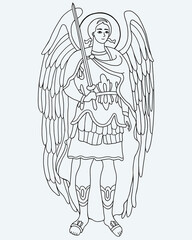 protector Archangel Michael in armor with sword. Vector illustration. Outline hand drawing. Religious concept for Catholic and Orthodox communities and holidays of Saint Michael Archangel 
