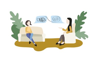 Consultation of a teenager with a psychologist. Discussing the difficulties and problems of adolescence. Professional help in choosing a future career. Flat vector illustration