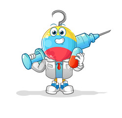 fishing bait head cartoon doctor holding medichine and injection