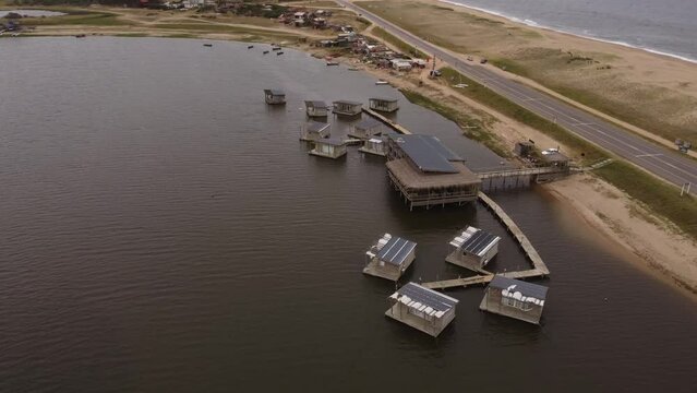 Floating houses in Laguna Garzon, Uruguay in South America. Aerial panoramic view