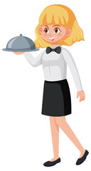 A young waitress serving food white background