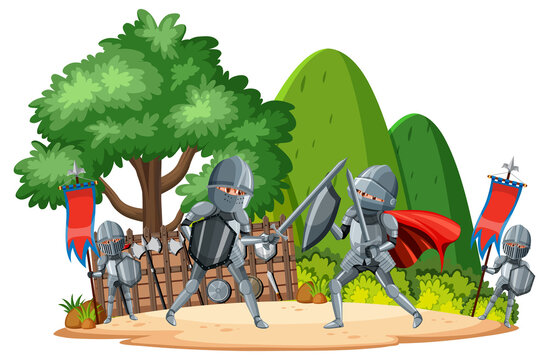 Isolated medieval battle landscape with armour knights fighting