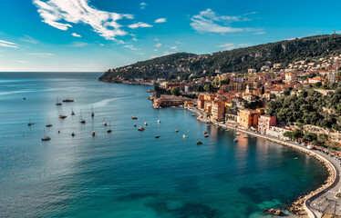 Villefranche sur Mer - Seaside town on the French Riviera or Côte d'Azur - Nice region, France - obrazy, fototapety, plakaty