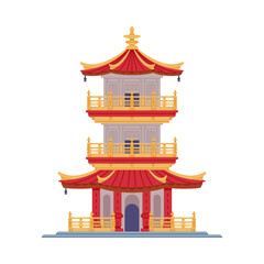 Pagoda as Chinese Tiered Tower with Multiple Eaves and Traditional Building Vector Illustration
