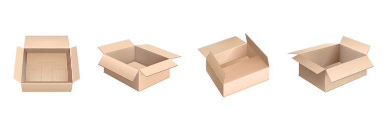 Cardboard boxes mockup, 3d vector cargo and parcel packages, realistic carton containers. Closed and open packaging for goods, isolated empty drawers, distribution blank packs for freight shipping set