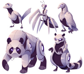 Robots animals, futuristic cyborgs birds magpie and eagle, panda, wasp and raccoon. Cartoon robotics cyber characters, artificial intelligence mechanical and electronic personages, isolated vector set