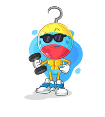 fishing bait head cartoon lifting dumbbell vector. cartoon character