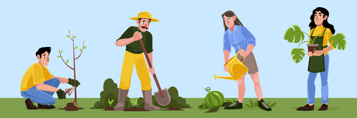 People work in garden, plant trees and flowers, watering. Vector flat illustration of farmers or volunteers gardening on farm, yard or public park. Men and women with houseplant in pot and shovels © klyaksun