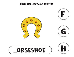 Find missing letter with cartoon horseshoe. Spelling worksheet.