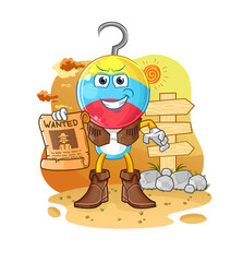 fishing bait head cartoon cowboy with wanted paper. cartoon vector