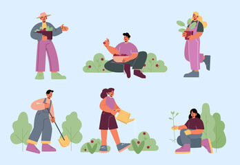 Obraz na płótnie Canvas People work in garden, plant trees, watering and harvest. Vector set of flat illustrations with farmers or volunteers gardening on farm, yard or public park. Men and women with shovel, flower pot