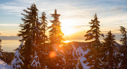 Sunset View from top of Hollyburn Mountain in Winter Season. West Vancouver, British Columbia,...