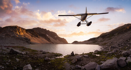 Fototapeta na wymiar Seaplane Flying over the Glacier Lake and Mountains Landscape at sunset. Adventure Composite. 3D Rendering Airplane. Background Image from Whistler, British Columbia, Canada.