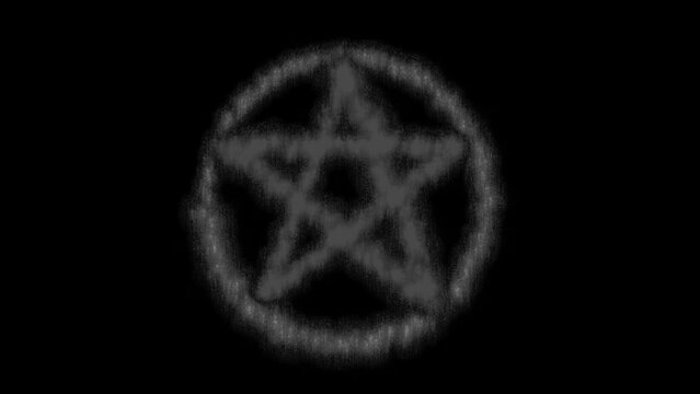 Pentagram animation in circle, black and white sparkling symbol on black background
