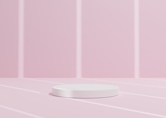 Obraz na płótnie Canvas Simple, Minimal 3D Render Composition with One White Cylinder Podium or Stand on Abstract Striped Shadow Pastel, Bright Pink Background for Product Display.