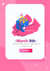 female hand holding gift box international happy womens day celebration concept 8th march greeting card