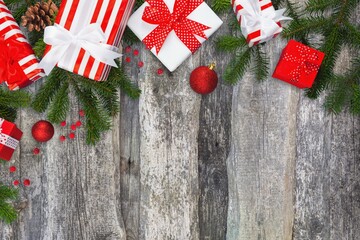 Symbols of Christmas abstract background with winter flora and tree decorations