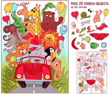 Find hidden objects. Animal ride by car. Vacation. Puzzle game for kids. Printable education worksheet. Sketch vector illustration.
