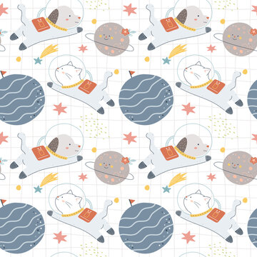 seamless pattern of astronaut dog and cat on space with planets and stars