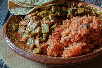 Pork. Mexican food, chicken with nopales and mexican rice with hand made corn tortillas on a mud or clay plate, on a wooden round cutting board, over a rustic table. Horizontal image