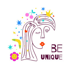 Girl power face. Female abstract face drawn in continuous line. Be unidue phrase Cute line art woman head. International womens day graphic design. Y2K vector illustration. Girl with stars.