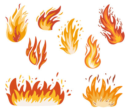 Fire set. Fiery flame, bright fireball, thermal forest fire and a red-hot bonfire. Flames of different shapes. Vector fire flame icons in cartoon style.