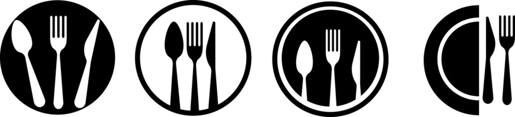 Spoon, Fork, knife and plate icon set, menu logo, Silhouette of cutlery. Tableware Vector illustration
