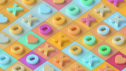 Colorful isometric background with shapes of hearts and word xoxo. 3d render illustration