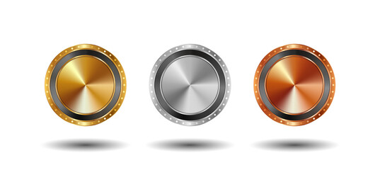 Gold, Silver and Bronze medals set. Vector 3d realistic award medals set on white background.
