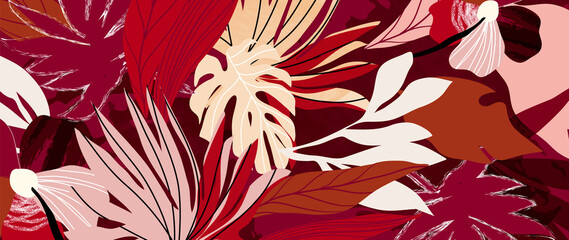 Abstract botanical background. Tropical watercolor banner with red tone palm leaf and monstera leaves. Summer pattern design for wallpaper, prints, cover, fabric, wall art and home decor. © TWINS DESIGN STUDIO