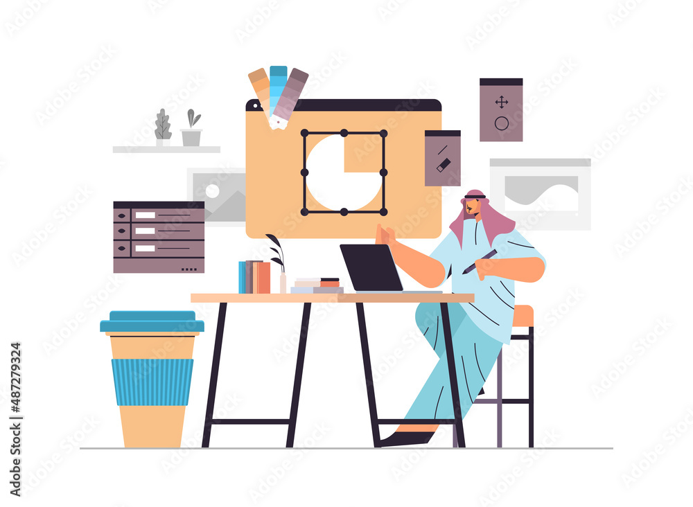 Poster designer drawing with pen in graphic editor arabic man creating website user interface working on th