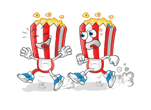 popcorn head cartoon play chase. cartoon mascot vector