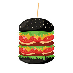 Trendy hamburger on a black bun is a traditional sandwich with a cutlet, bun, tomatoes, lettuce, cheese for the concept of fast food. Vector illustration for design or decoration.