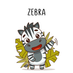 Happy zebra standing and waving near leaves and bushes. Vector illustration for designs, prints and patterns. Isolated on white background