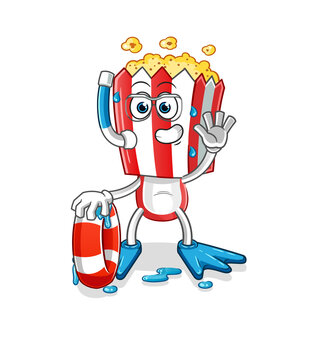 popcorn head cartoon swimmer with buoy mascot. cartoon vector