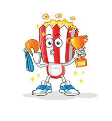 popcorn head cartoon winner with trophie. cartoon character
