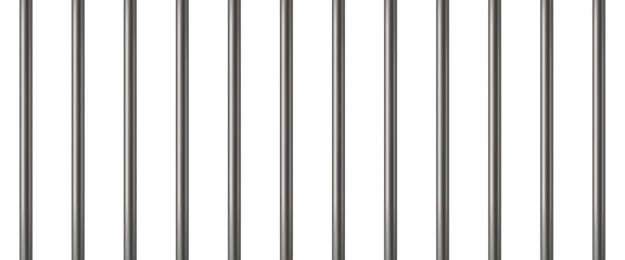 Realistic prison metal bars. Prison fence. Jail grates. Iron jail cage. Metal rods. Criminal grid background. Vector pattern. Illustration isolated on white background.