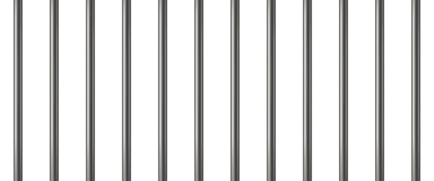 Realistic prison metal bars. Prison fence. Jail grates. Iron jail cage. Metal rods. Criminal grid background. Vector pattern. Illustration isolated on white background.