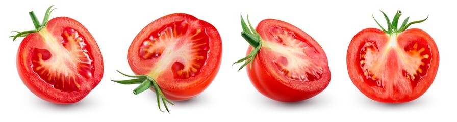 Tomato half isolated. Cut tomato on white background. Tomato slices with clipping path.