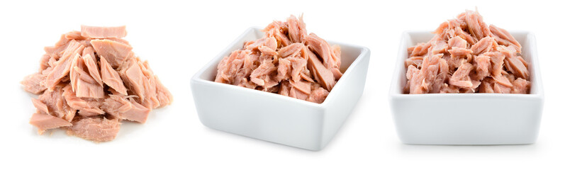 Tuna fish isolated. Canned tuna pieces in a bowl. Tuna can on white background. Collection.