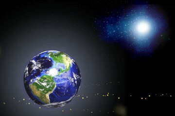 Star of jesus. Planet Earth on black background with bright star. Christmas Star of Jesus Christ.