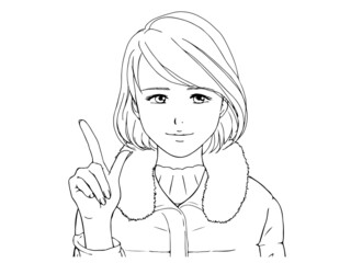 ダウンコートを着る女性②指さし_線画
